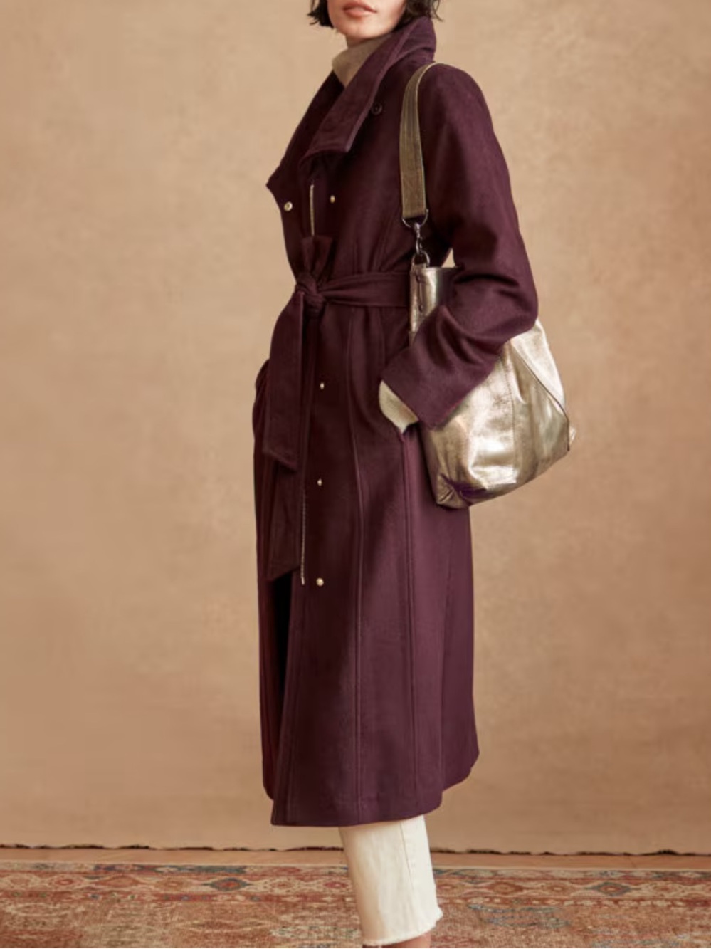 Cole Haan Sz 12 Tie-Waist Wool Trench Coat Dusty Rose pink purple Classic Boho. - Picture 9 of 12